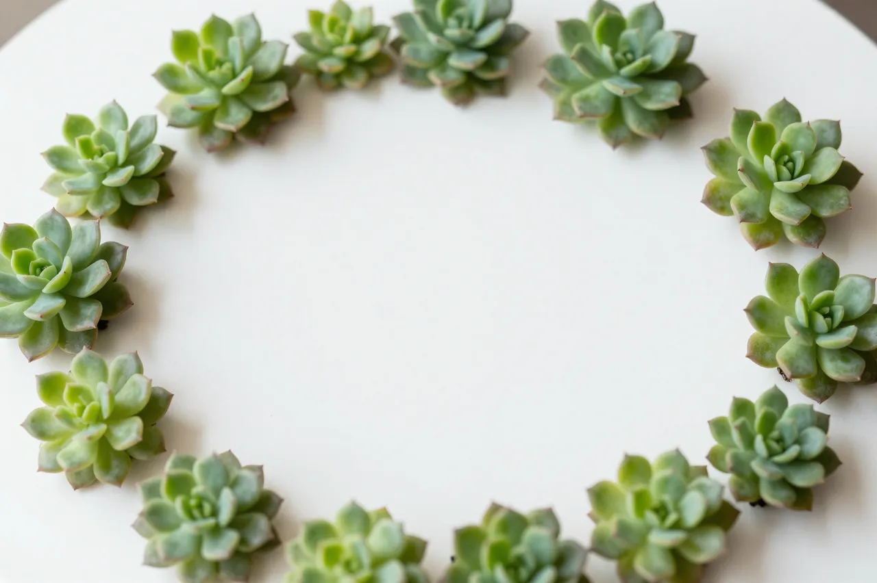 Top-down view of small green succulents arranged in a circle around empty copy space on a white table surface.
