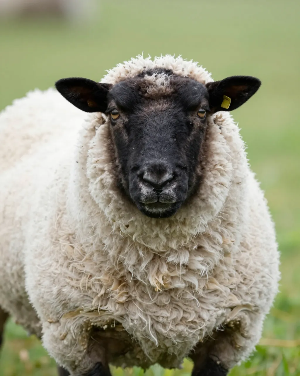 A close-up frontal portrait of a Suffolk sheep with a black face standing in a grassy field