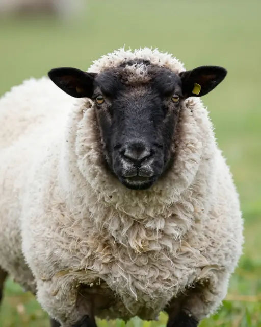 A close-up frontal portrait of a Suffolk sheep with a black face standing in a grassy field
