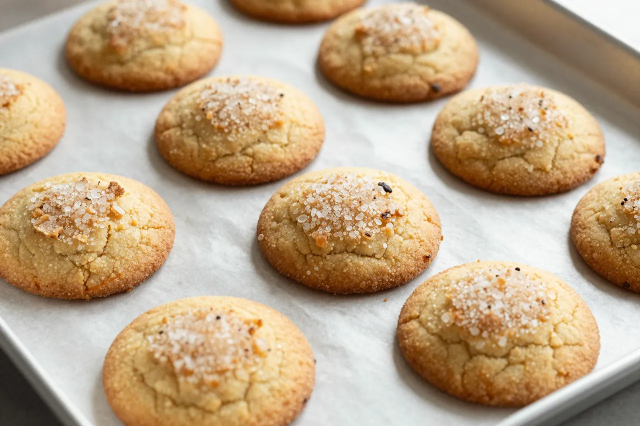 Freshly baked crackled sugar-topped cookies rest on parchment lined metal baking sheet