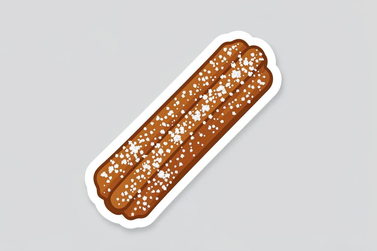 Flat die-cut sticker illustration of a sugar-dusted churro with a white border on a plain light gray background
