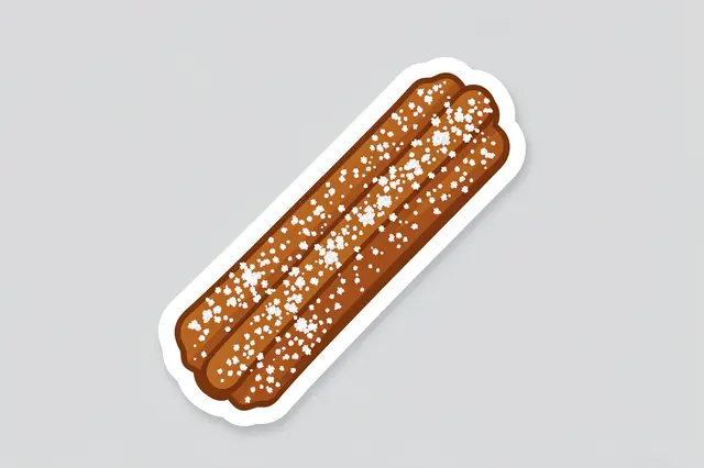 Flat die-cut sticker illustration of a sugar-dusted churro with a white border on a plain light gray background