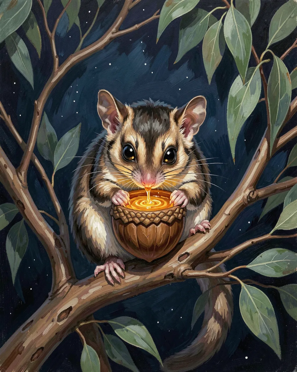 A gouache painting of a cute sugar glider sipping from an acorn cup while perched on a eucalyptus branch at night.