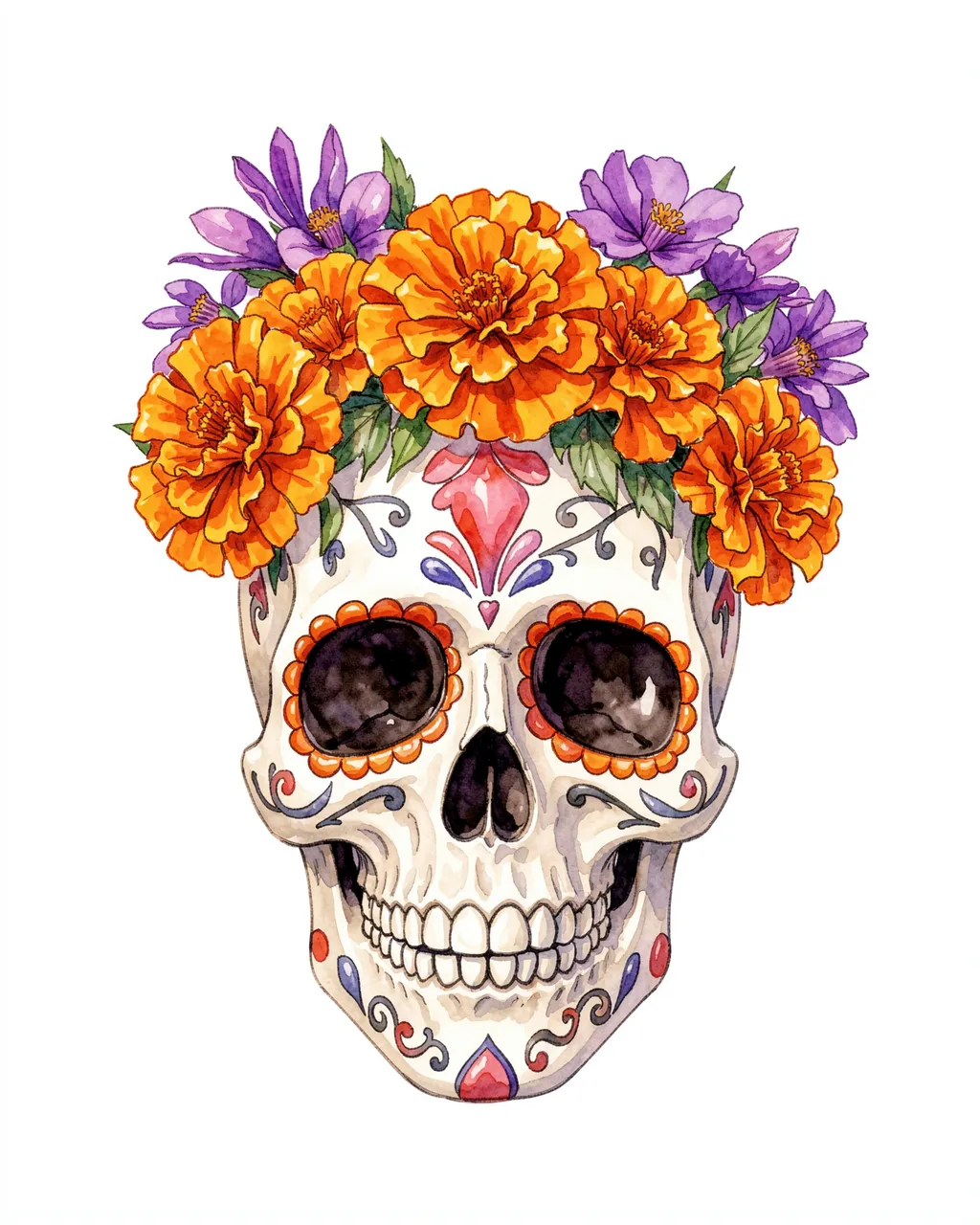 Watercolor sugar skull adorned with orange marigolds and purple flowers on a plain white background