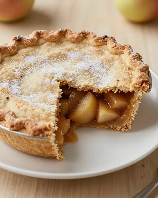Whole apple pie with a cut slice showing spiced apple filling sits on a white plate next to fresh apples