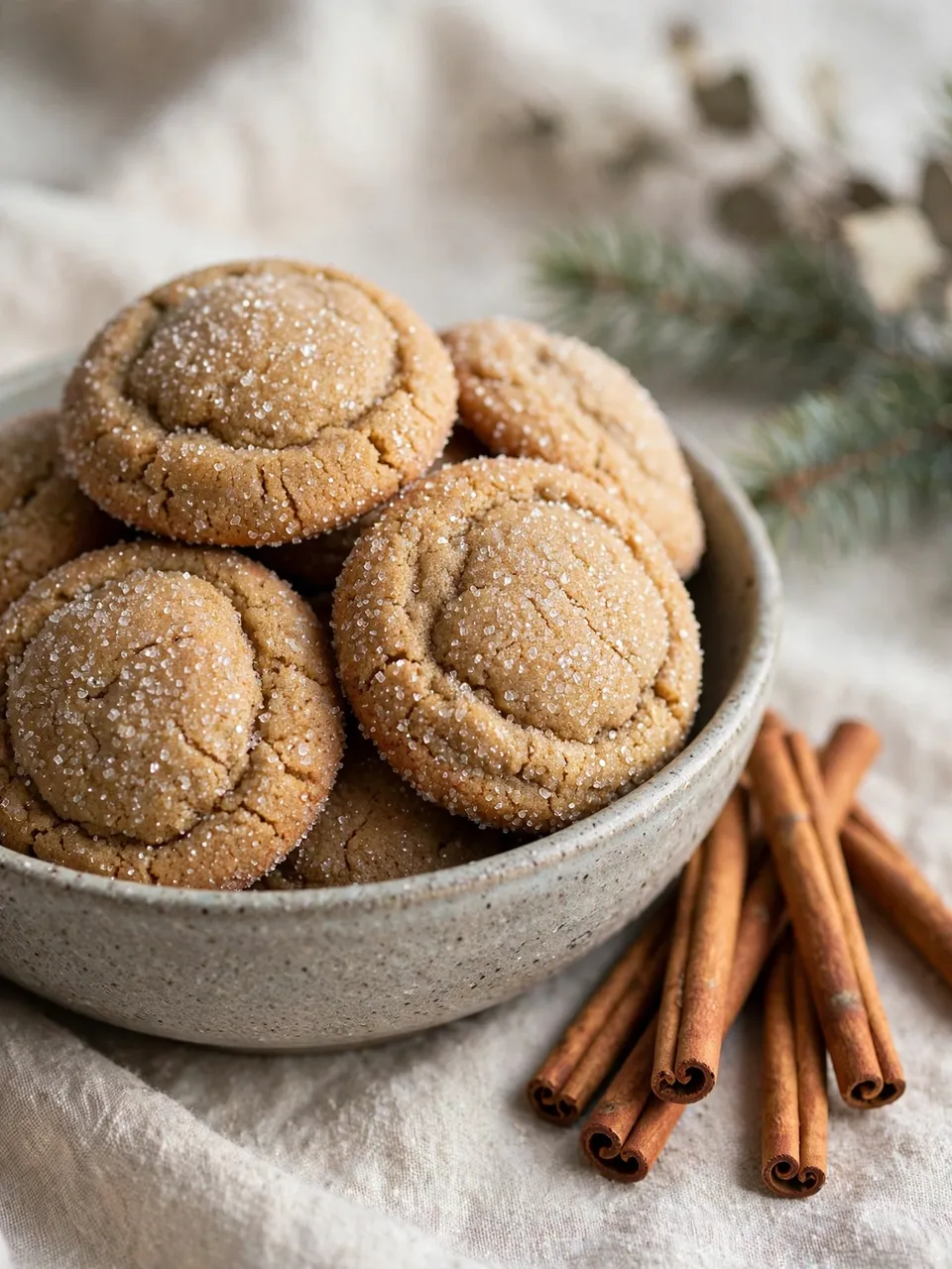 Sparkling sugar coated molasses cookies sit in a speckled stoneware bowl next to cinnamon sticks and pine sprigs