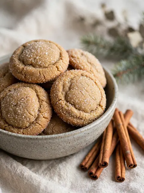 Sparkling sugar coated molasses cookies sit in a speckled stoneware bowl next to cinnamon sticks and pine sprigs