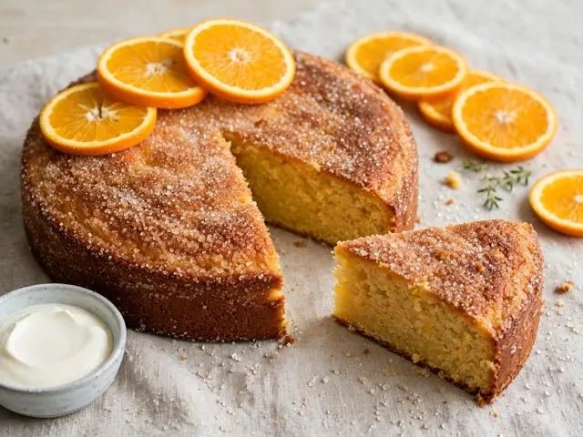 Sliced olive oil cake with sugared top, orange slices, and a dish of crème fraîche set on linen