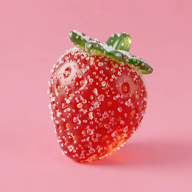 Translucent gummy strawberry candy dusted with sugar crystals sits on a solid pink background