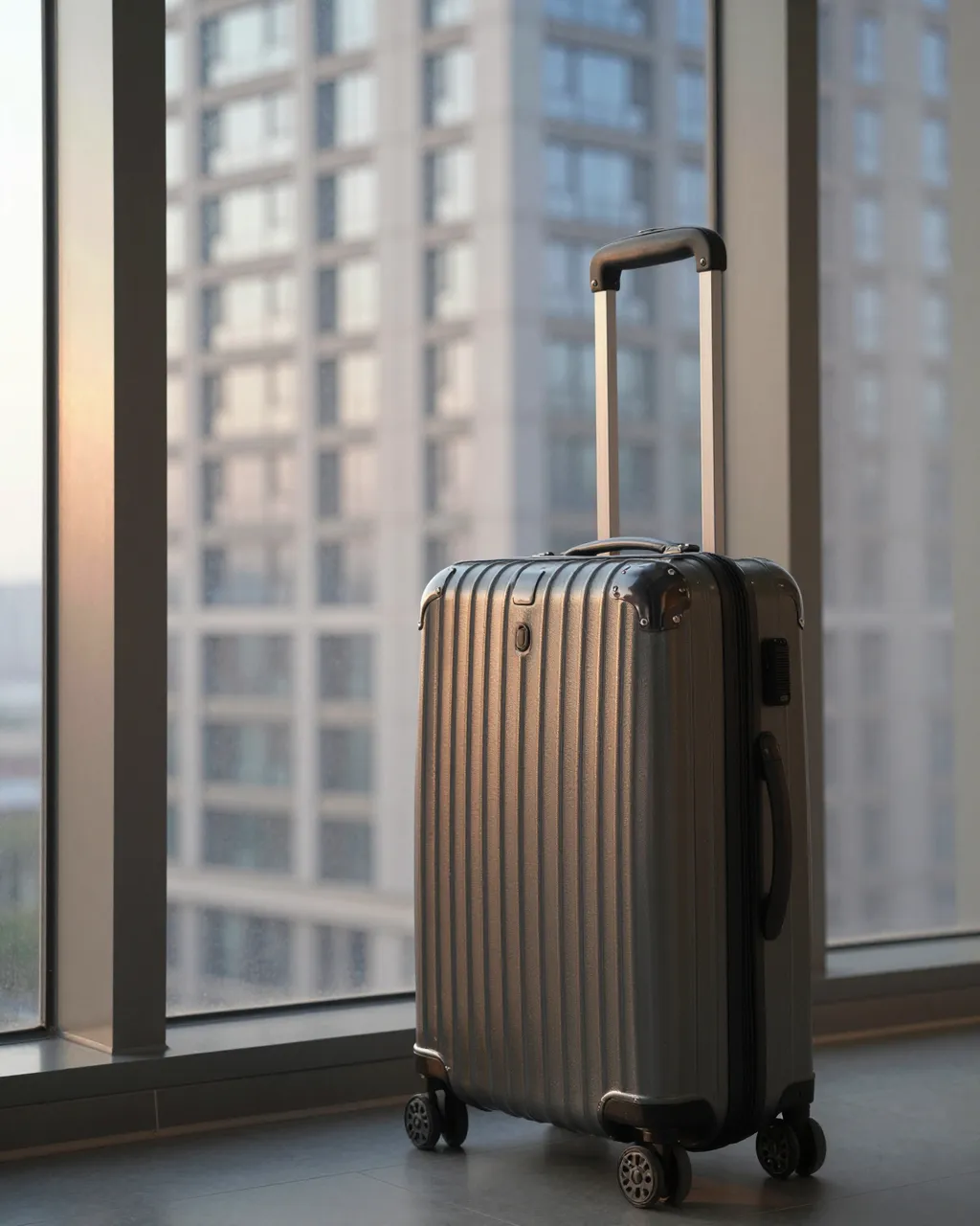 A closed silver rolling suitcase stands beside a tall hotel window during soft dawn light