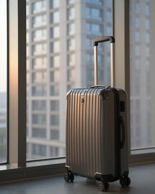 A closed silver rolling suitcase stands beside a tall hotel window during soft dawn light