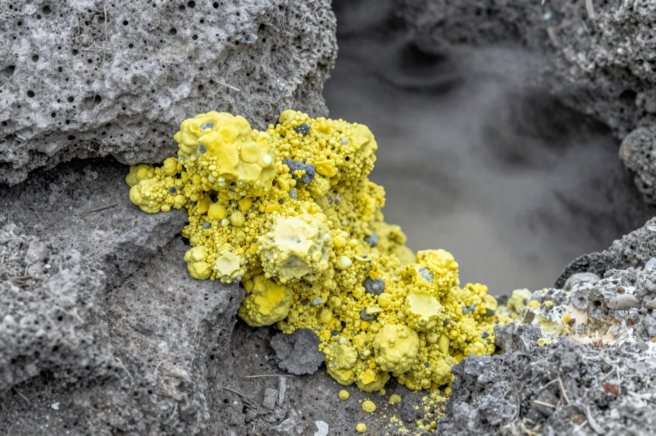 Bright yellow sulfur crystal formations grow on porous gray volcanic rock near a fumarole vent.