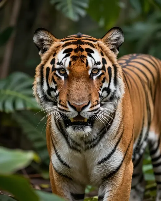 A Sumatran tiger stares directly at the viewer, framed by lush green jungle foliage.