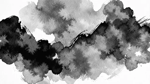 Abstract black, gray, and white sumi-e ink wash brush strokes spread across a textured paper surface