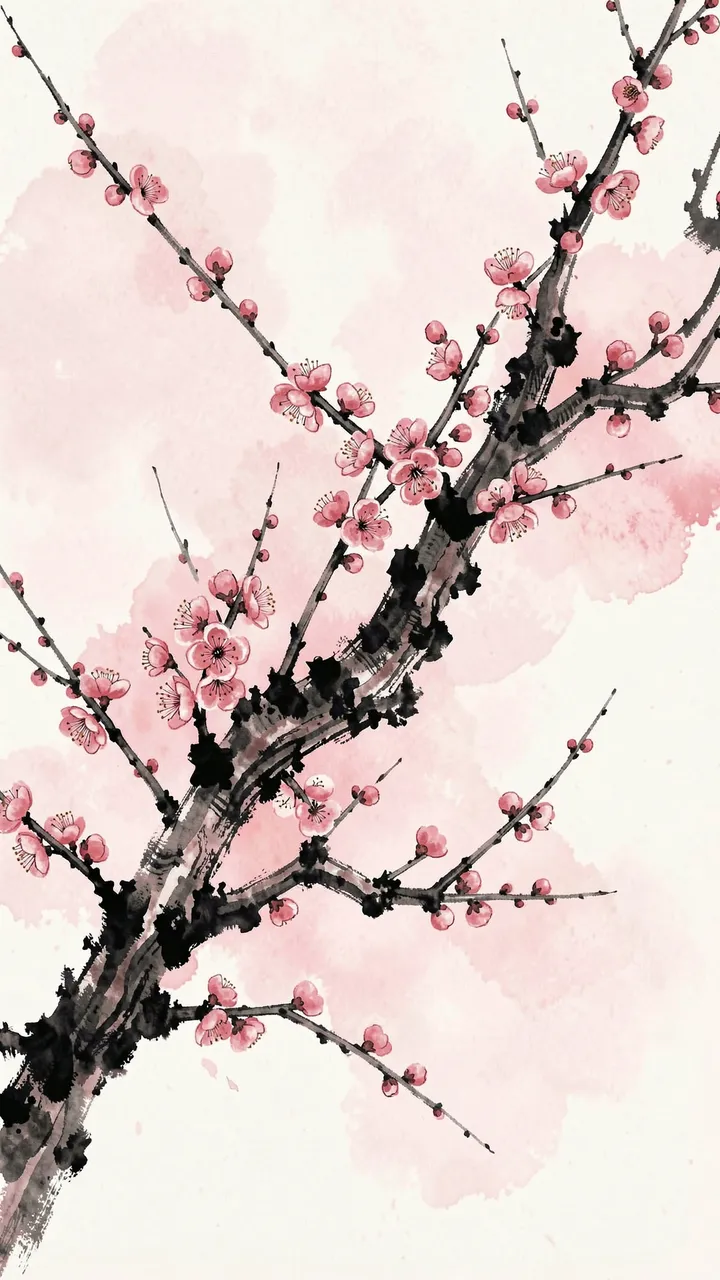 Traditional sumi-e illustration of plum blossom branches with soft pink watercolor wash on a pale background