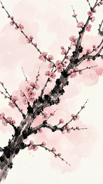 Traditional sumi-e illustration of plum blossom branches with soft pink watercolor wash on a pale background