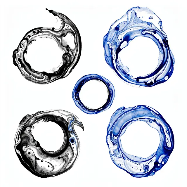 Five swirled suminagashi ink marbling rings in black and blue sit on a plain white background