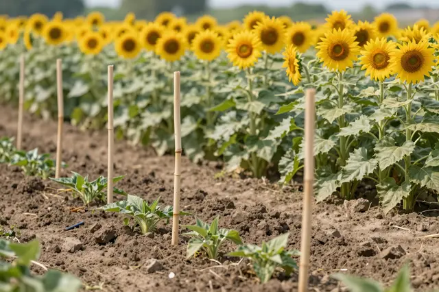 Neat garden allotment rows hold young vegetable seedlings, bamboo stakes and bright yellow sunflowers in summer sun.