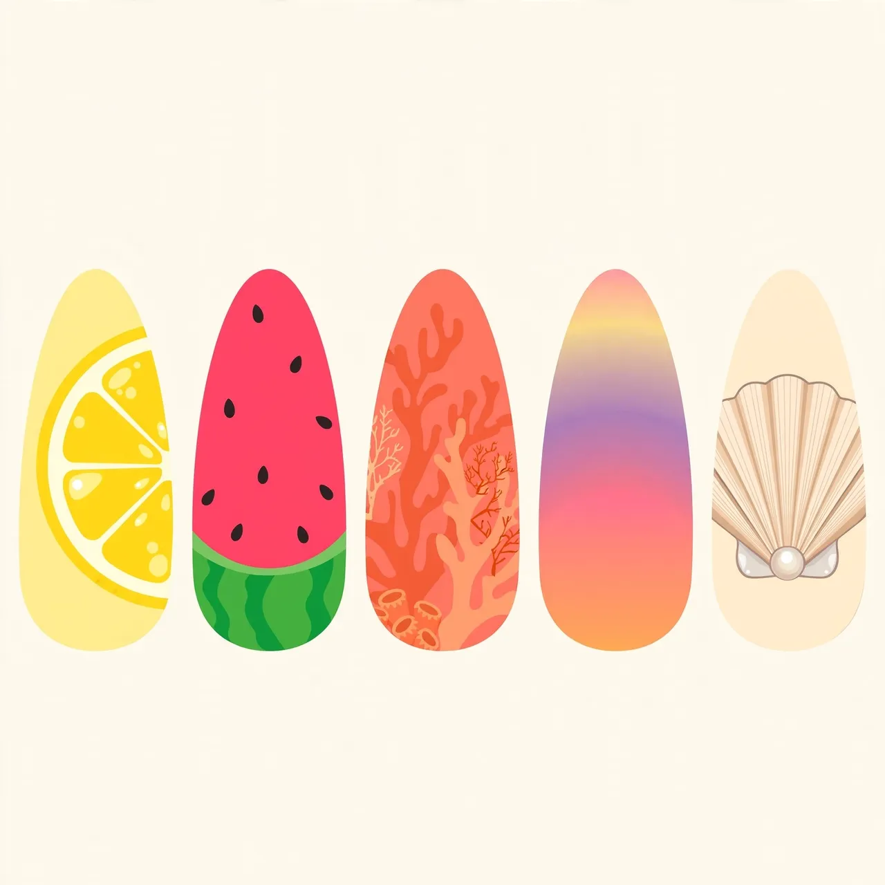 Flat vector illustration of five almond nail tips in a row with matching summer themed nail art designs.
