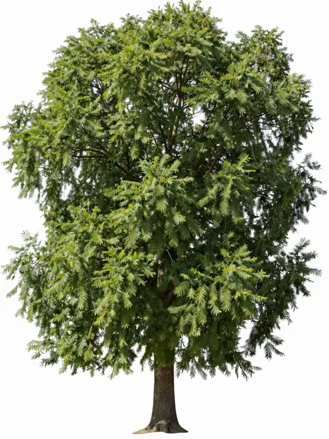 A tall feathery-leafed ash tree stands isolated against a plain white background