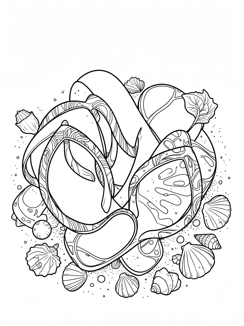 Intricate black and white line art coloring page of flip flops, sunglasses and seashells on sand over a white background