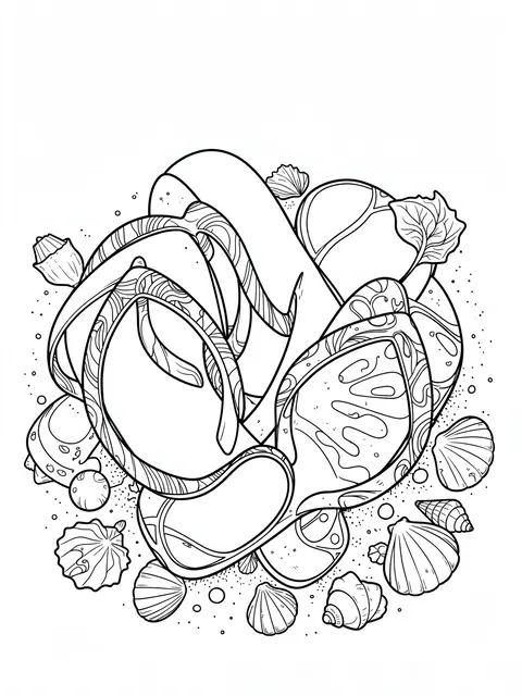 Intricate black and white line art coloring page of flip flops, sunglasses and seashells on sand over a white background
