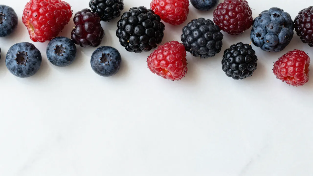 Mixed fresh summer berries arranged along the top edge of a light white marble surface with empty copy space below.