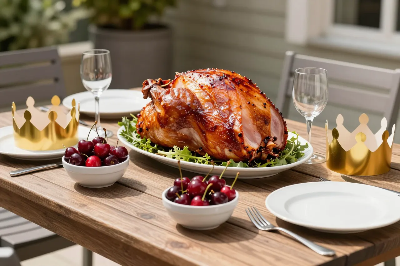 Sunlit wooden outdoor deck table set for Christmas lunch with roast meat, cherries and gold paper crowns