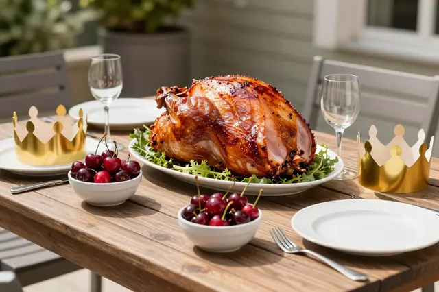 Sunlit wooden outdoor deck table set for Christmas lunch with roast meat, cherries and gold paper crowns