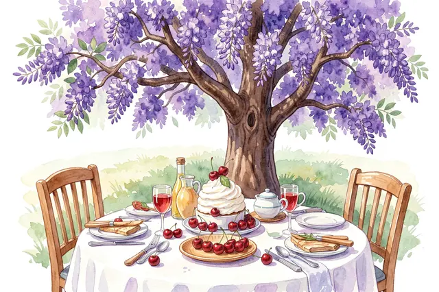 Watercolor illustration of a set lunch table with pavlova and cherries under a blooming purple jacaranda tree