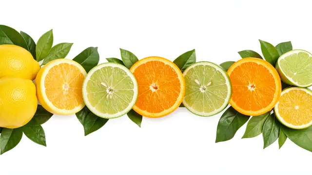 Horizontal border of whole and sliced lemons, limes, oranges with green leaves on a plain white background