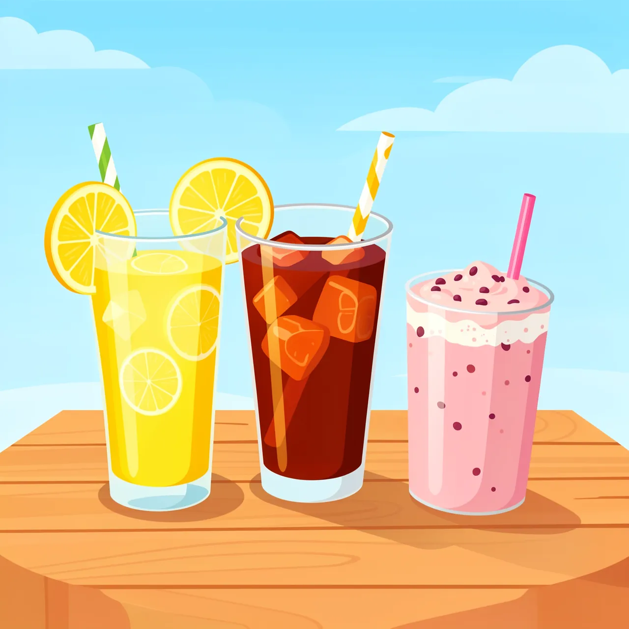 Three glasses of lemonade, iced tea and a smoothie sit on a wooden table under a sunny blue sky.