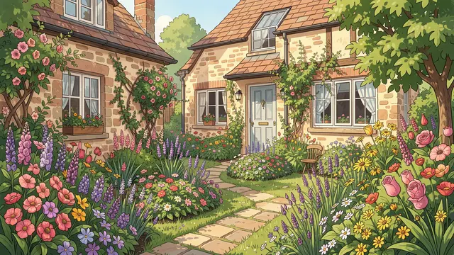 A sunlit storybook illustration of a blooming summer cottage garden with stone houses and a stone path.