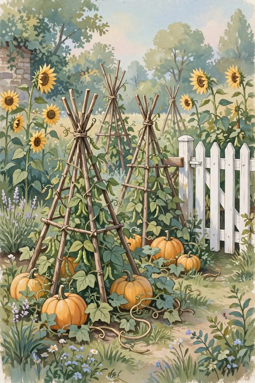Gouache illustration of a sunlit summer kitchen garden with sunflowers, bean tepees, pumpkins and a white picket gate.
