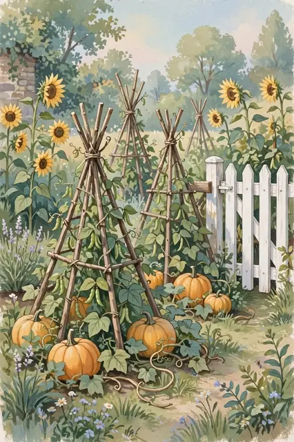 Gouache illustration of a sunlit summer kitchen garden with sunflowers, bean tepees, pumpkins and a white picket gate.