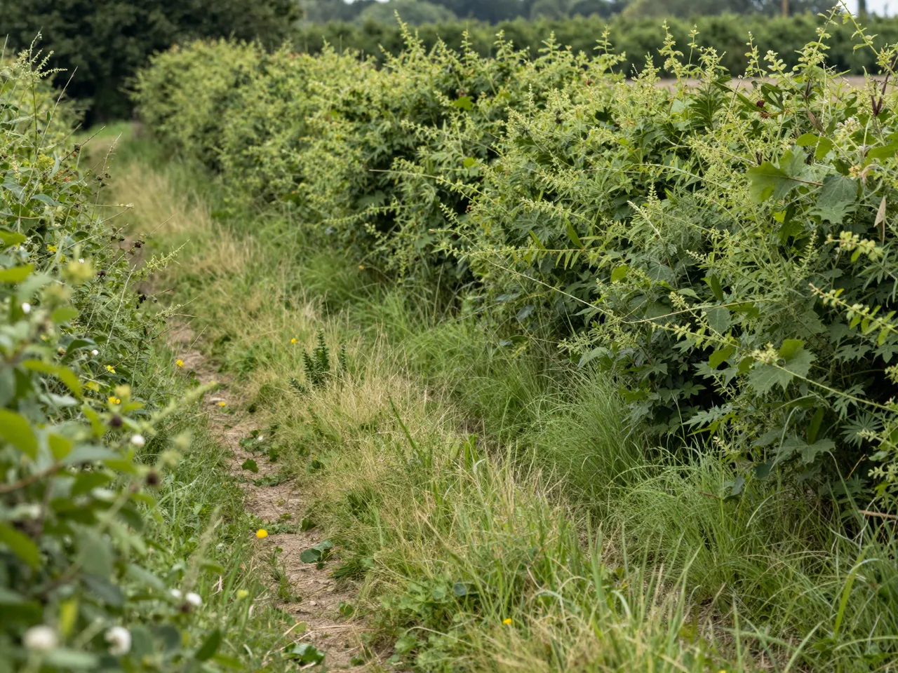 A narrow dirt country footpath winds between dense green summer hedgerows dotted with wildflowers.