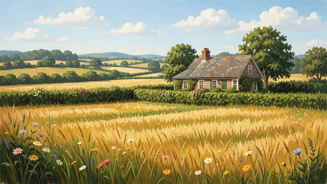 A sunlit summer countryside painting shows a cottage farmhouse behind hedgerows surrounded by golden fields and wildflowers.