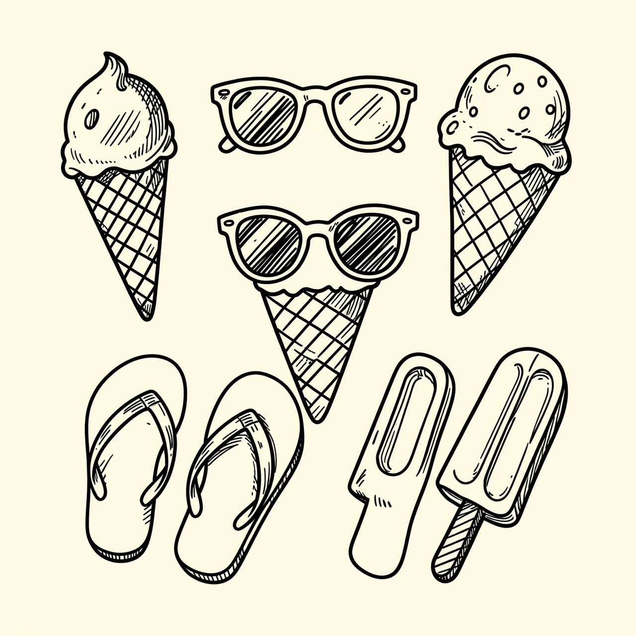 Black line art doodle of summer items arranged on a solid cream background