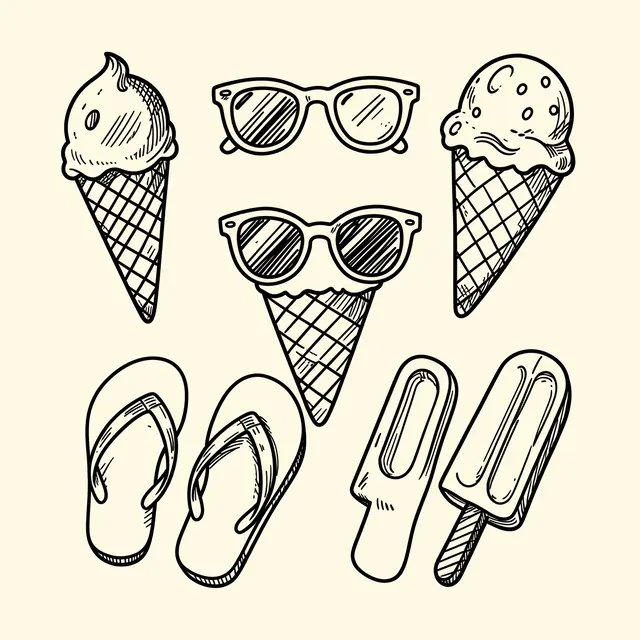 Black line art doodle of summer items arranged on a solid cream background