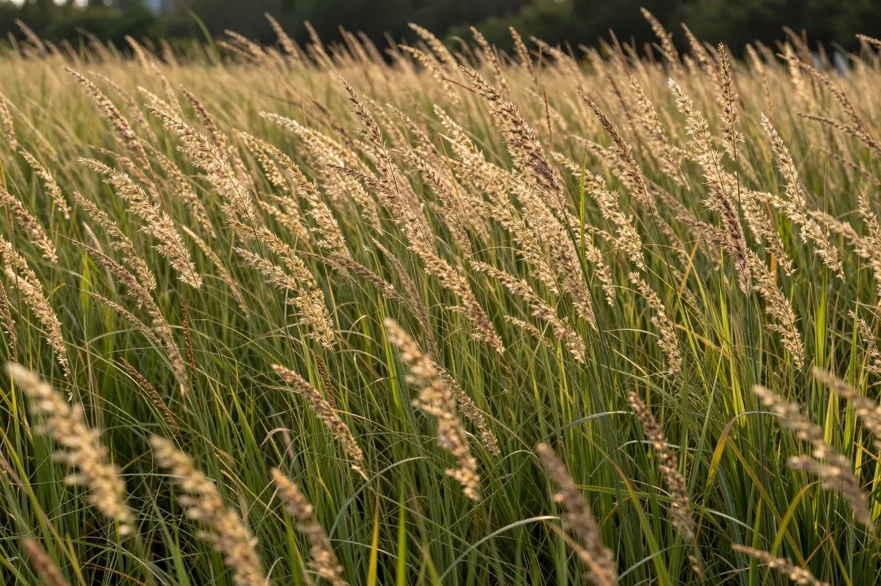 Warm golden evening light illuminates tall seeding meadow grasses in a field