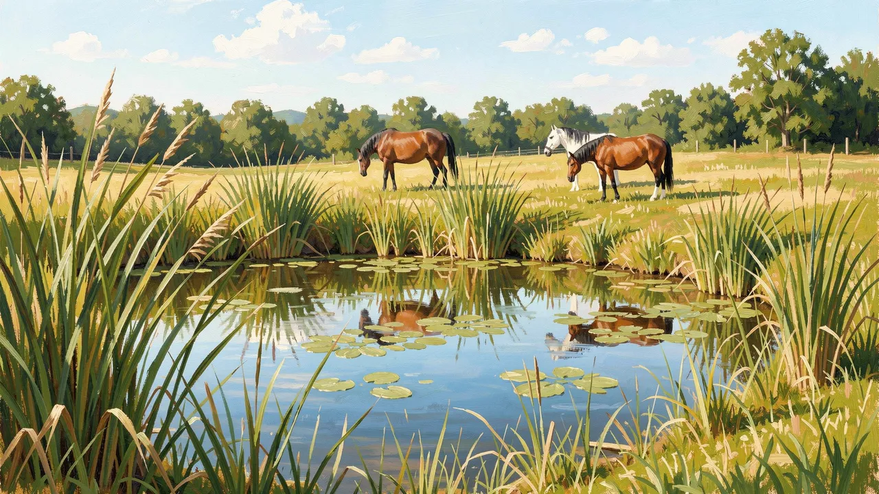 Plein air painting of a farm pond with tall reeds and lily pads, three horses grazing in a sunlit summer meadow