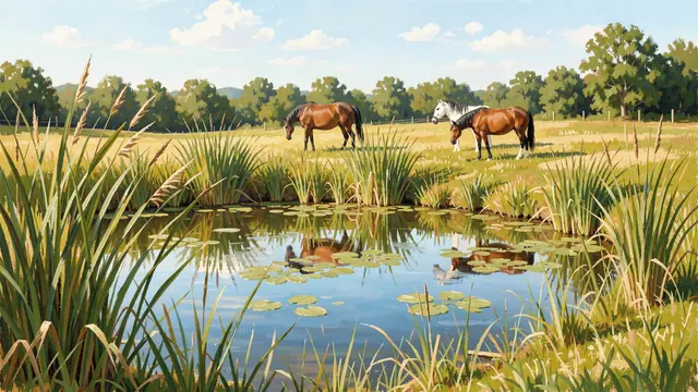Plein air painting of a farm pond with tall reeds and lily pads, three horses grazing in a sunlit summer meadow