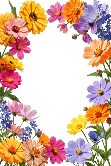 Bright zinnia, cosmos and blue salvia flowers frame an empty warm white center background