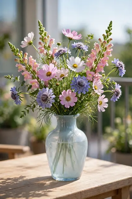 Pastel cosmos, snapdragons and scabiosa fill a pale blue glass vase on a sunlit wooden balcony table