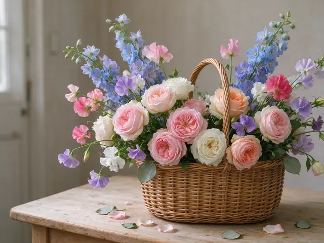 A wicker basket holding garden roses, larkspur and sweet peas sits on a worn pine table.