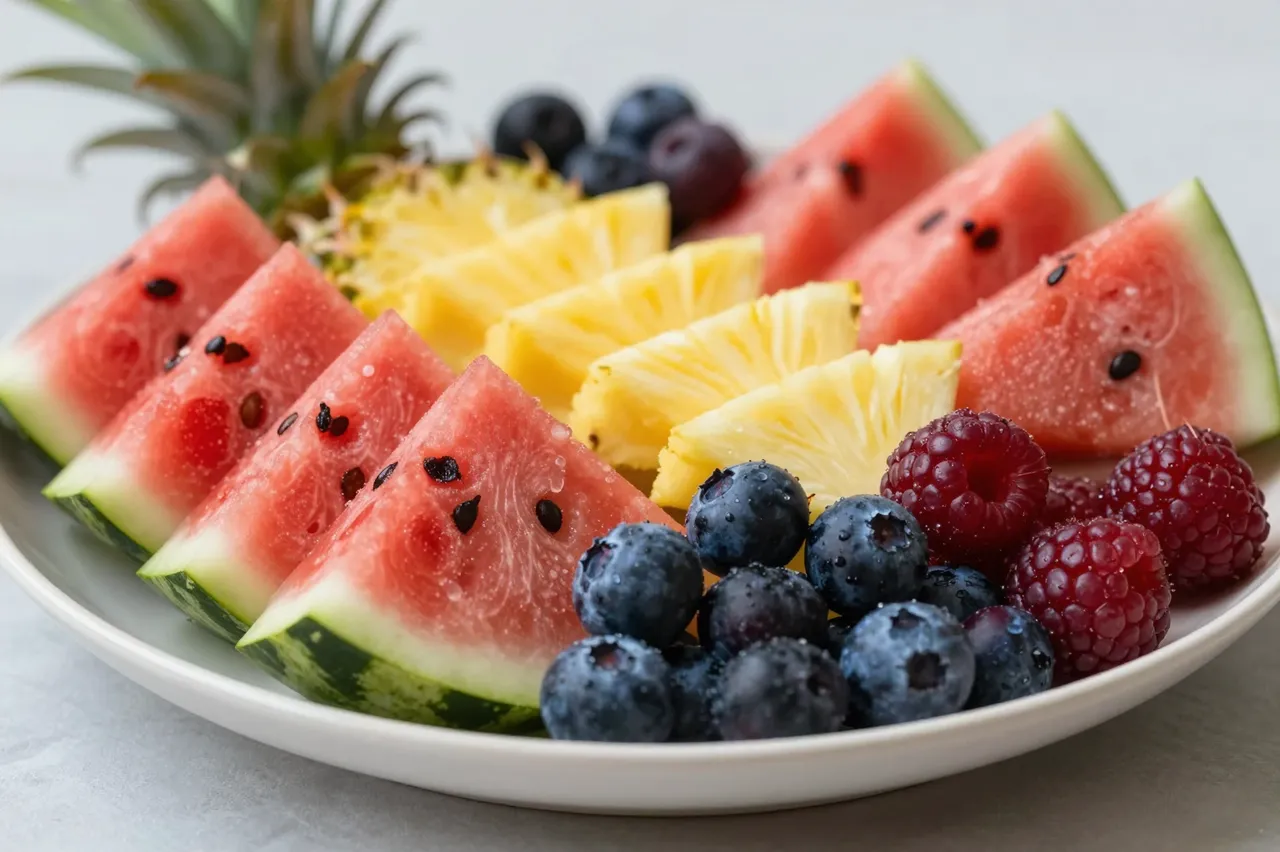 A white plate holds arranged watermelon wedges, pineapple slices, blueberries and raspberries on a light countertop