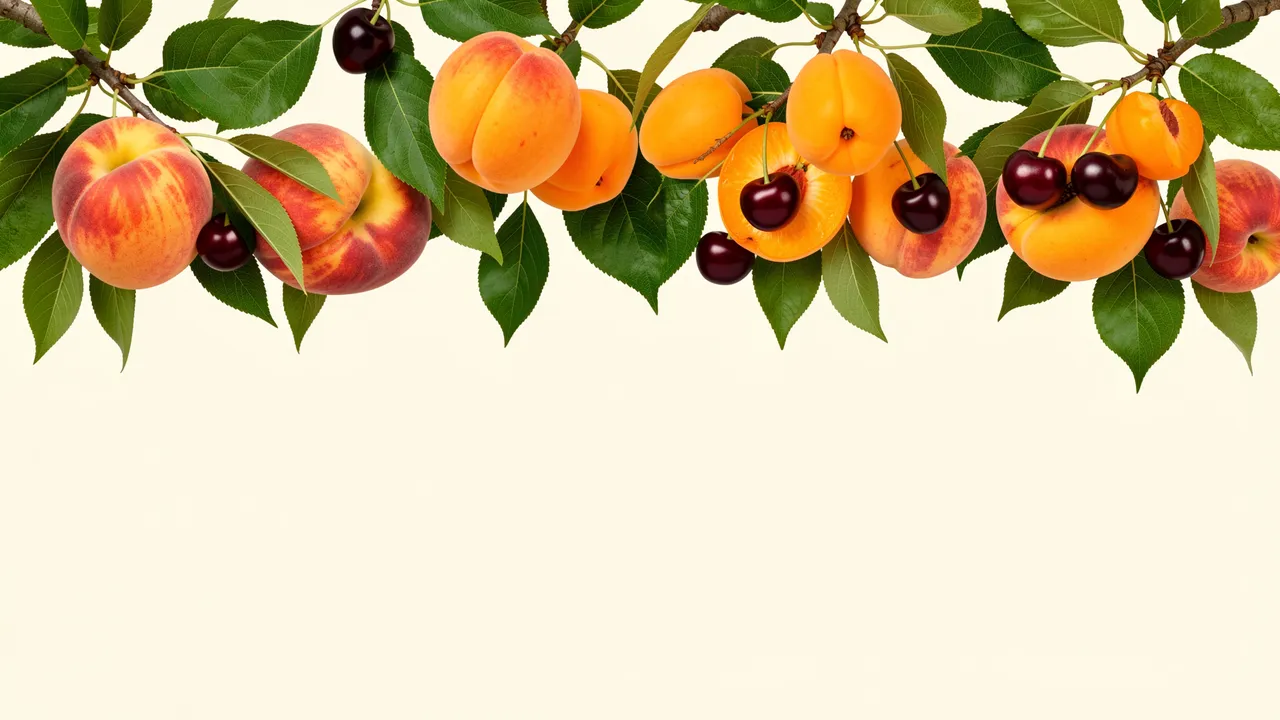 Top border of peaches, apricots and dark cherries on leafy branches against a plain cream background