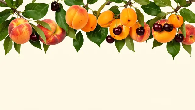 Top border of peaches, apricots and dark cherries on leafy branches against a plain cream background
