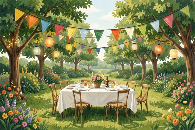 A set long dining table sits under bunting and hanging lanterns in a blooming summer garden, no people present