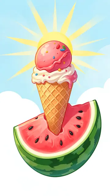 A waffle ice cream cone set in a watermelon slice below a bright sunny sky